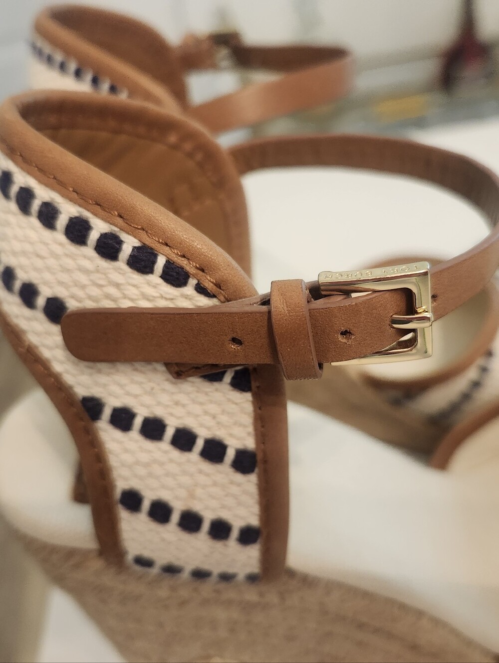Tory Burch Shaw Espadrille Wedge Sandals In Navy Sea & Royal Tan Sz 8 - Picture 5 of 13